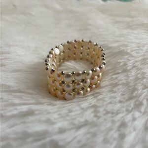 Elegant Cream Pearl and Silver Beaded Stretch Ring